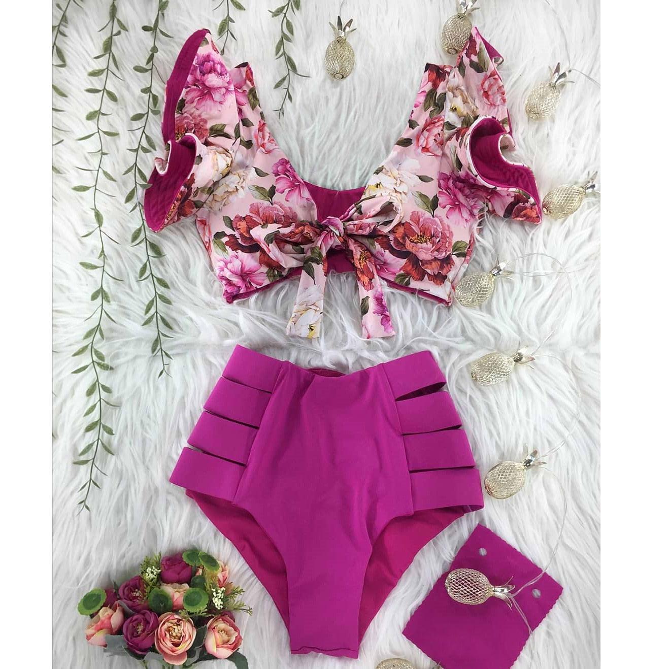 New Bikini Floral Ruffled Bikini Set Women V-neck High Waist Two Piece Swimsuit Swimsuits For Women Two Piece Bathing Suits Ruffled High Waisted Bottom Bikini Set Girl Beach Bathing Suit Swimwear Bikinis