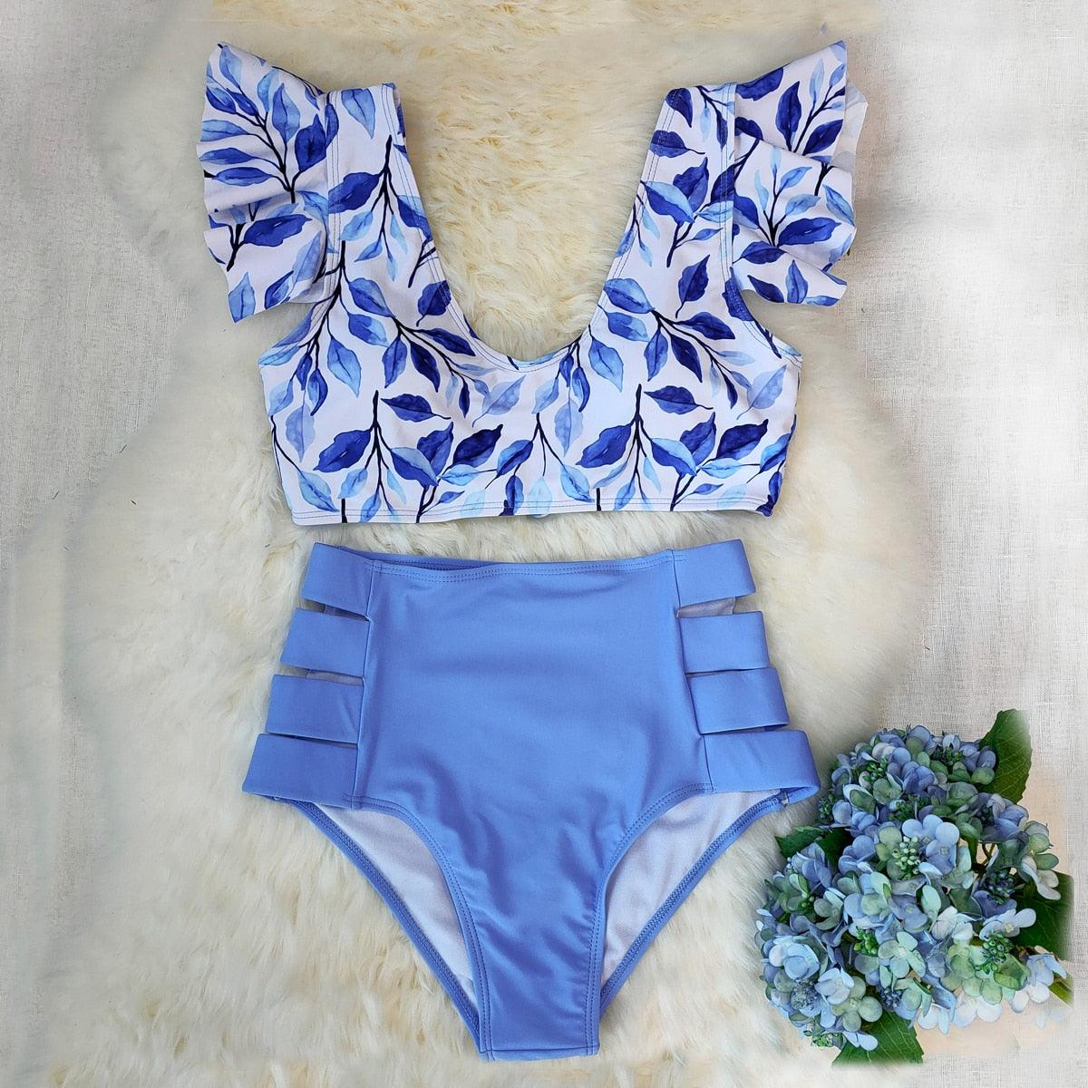 New Bikini Floral Ruffled Bikini Set Women V-neck High Waist Two Piece Swimsuit Swimsuits For Women Two Piece Bathing Suits Ruffled High Waisted Bottom Bikini Set Girl Beach Bathing Suit Swimwear Bikinis