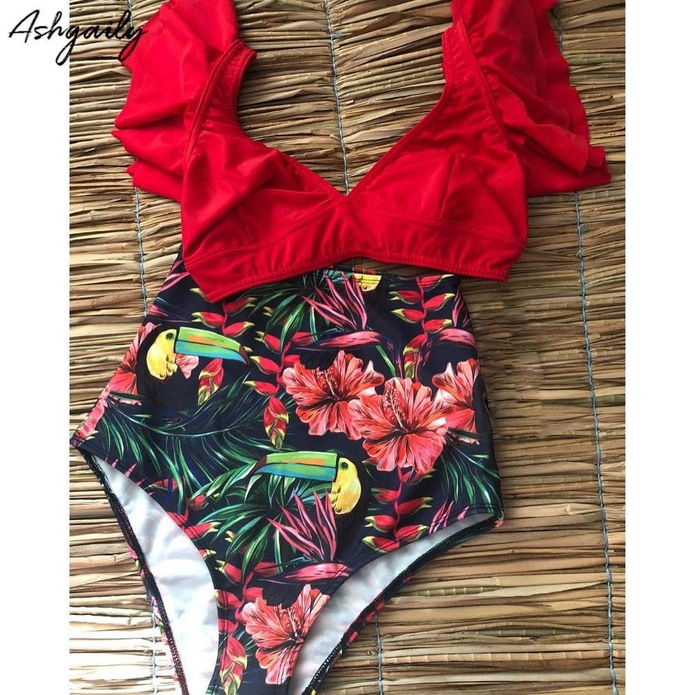 New Bikini Floral Ruffled Bikini Set Women V-neck High Waist Two Piece Swimsuit Swimsuits For Women Two Piece Bathing Suits Ruffled High Waisted Bottom Bikini Set Girl Beach Bathing Suit Swimwear Bikinis