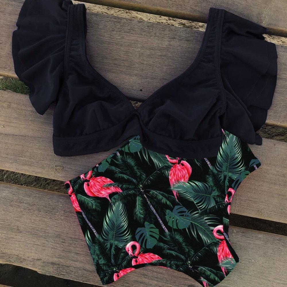 New Bikini Floral Ruffled Bikini Set Women V-neck High Waist Two Piece Swimsuit Swimsuits For Women Two Piece Bathing Suits Ruffled High Waisted Bottom Bikini Set Girl Beach Bathing Suit Swimwear Bikinis