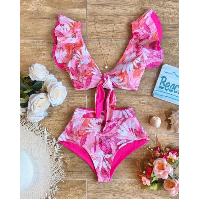 New Bikini Floral Ruffled Bikini Set Women V-neck High Waist Two Piece Swimsuit Swimsuits For Women Two Piece Bathing Suits Ruffled High Waisted Bottom Bikini Set Girl Beach Bathing Suit Swimwear Bikinis