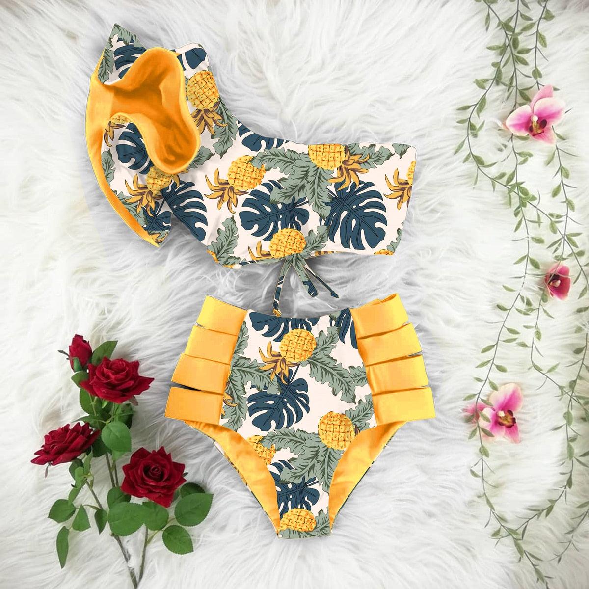 New Bikini Floral Ruffled Bikini Set Women V-neck High Waist Two Piece Swimsuit Swimsuits For Women Two Piece Bathing Suits Ruffled High Waisted Bottom Bikini Set Girl Beach Bathing Suit Swimwear Bikinis