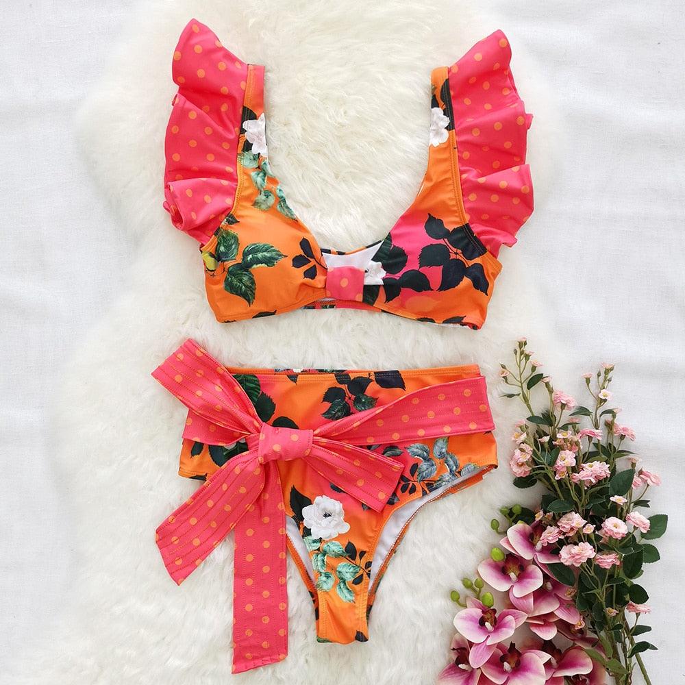 New Bikini Floral Ruffled Bikini Set Women V-neck High Waist Two Piece Swimsuit Swimsuits For Women Two Piece Bathing Suits Ruffled High Waisted Bottom Bikini Set Girl Beach Bathing Suit Swimwear Bikinis