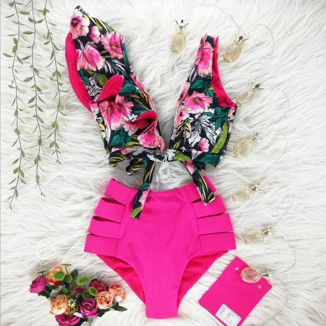 New Bikini Floral Ruffled Bikini Set Women V-neck High Waist Two Piece Swimsuit Swimsuits For Women Two Piece Bathing Suits Ruffled High Waisted Bottom Bikini Set Girl Beach Bathing Suit Swimwear Bikinis