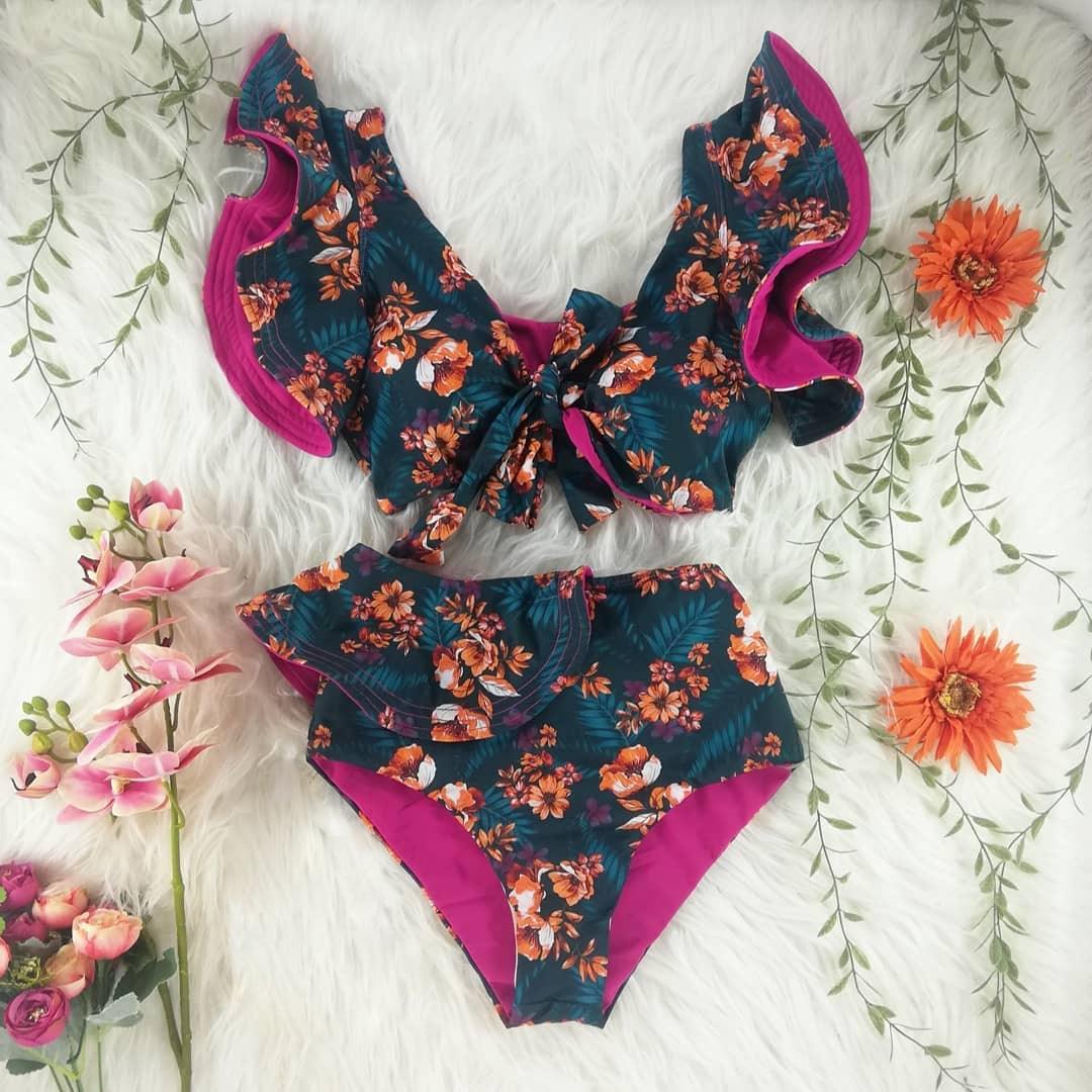 New Bikini Floral Ruffled Bikini Set Women V-neck High Waist Two Piece Swimsuit Swimsuits For Women Two Piece Bathing Suits Ruffled High Waisted Bottom Bikini Set Girl Beach Bathing Suit Swimwear Bikinis