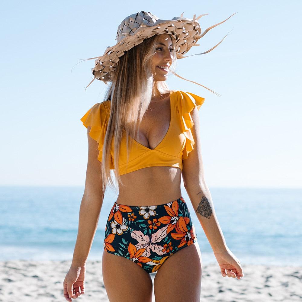 New Bikini Set Female Ruffle Swimwear Women Print Floral Push Up Swimsuit Bathing Suit Flounce Bikini Set Women Side Bandage Two Piece Swimsuit Beachwear