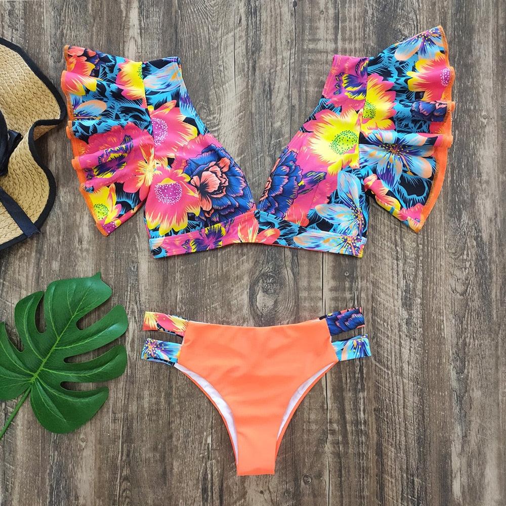 New Bikini Set Female Ruffle Swimwear Women Print Floral Push Up Swimsuit Bathing Suit Flounce Bikini Set Women Side Bandage Two Piece Swimsuit Beachwear