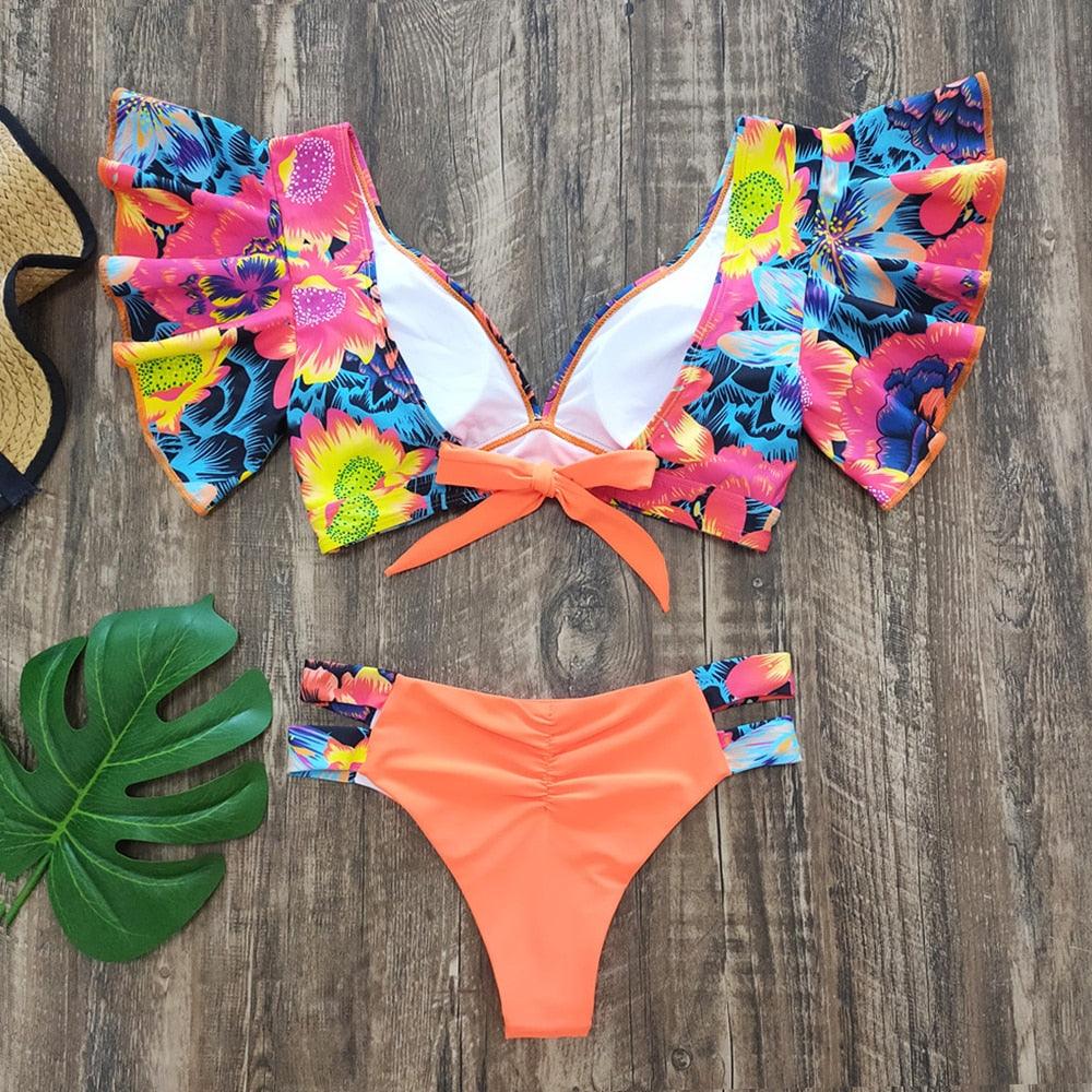 New Bikini Set Female Ruffle Swimwear Women Print Floral Push Up Swimsuit Bathing Suit Flounce Bikini Set Women Side Bandage Two Piece Swimsuit Beachwear