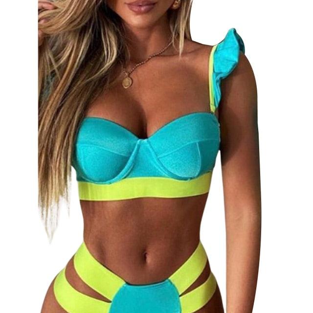 New Bikini Sets Black Push Up Swimsuit Women Neon Patchwork Bikini Swimsuit 2 Piece Cutout Molded Push Up Bathing Suit Women Swimwear Splicing Bathing Suit Holiday Beach Swimming Suit