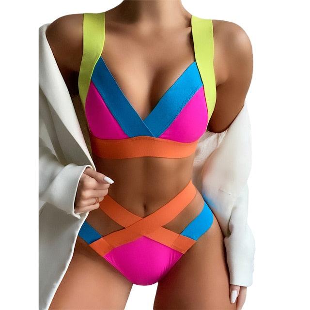 New Bikini Sets Black Push Up Swimsuit Women Neon Patchwork Bikini Swimsuit 2 Piece Cutout Molded Push Up Bathing Suit Women Swimwear Splicing Bathing Suit Holiday Beach Swimming Suit