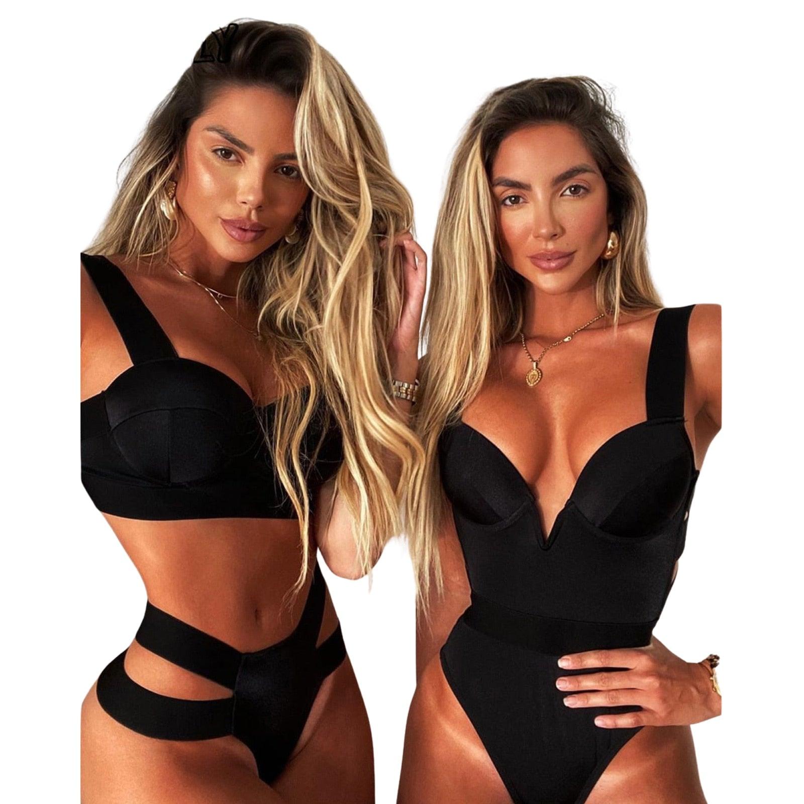 New Bikini Sets Black Push Up Swimsuit Women Neon Patchwork Bikini Swimsuit 2 Piece Cutout Molded Push Up Bathing Suit Women Swimwear Splicing Bathing Suit Holiday Beach Swimming Suit