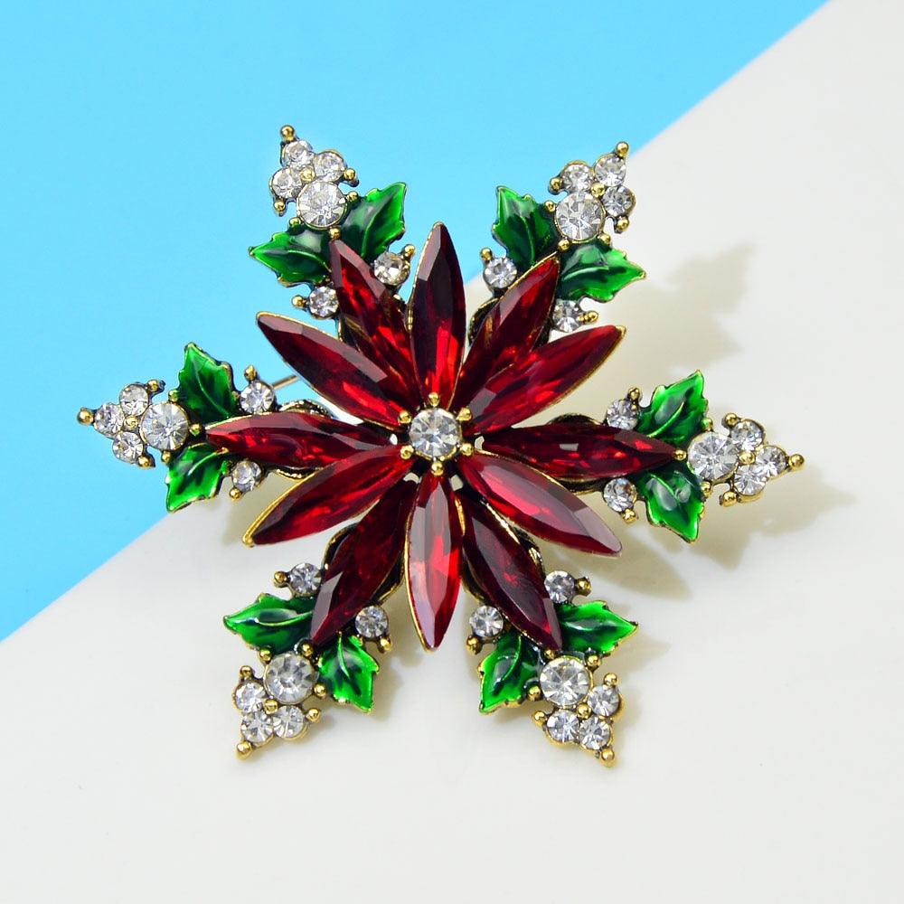 New Christmas Crystal Snowflake Pin Fashionable Modern Holiday Party Red Green Brooch Elegant Snowflake Brooch Pin Women Winter Festival Brooch Jewelry Wedding Party Decorations