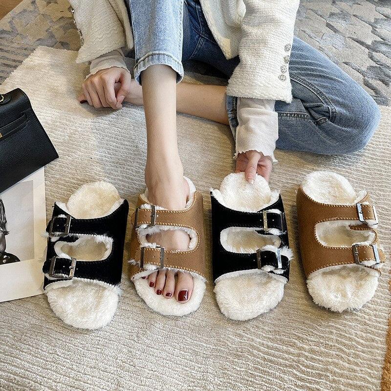 New Cotton Wool Shoes Double Buckle Belt Wool Shoes Indoor Outdoor Wear Warm Slippers Comfy Soft Women Slippers Fur Lined Orthopedic Indoor House Shoes With Adjustable Buckle