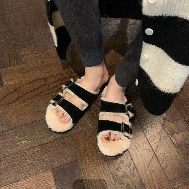 New Cotton Wool Shoes Double Buckle Belt Wool Shoes Indoor Outdoor Wear Warm Slippers Comfy Soft Women Slippers Fur Lined Orthopedic Indoor House Shoes With Adjustable Buckle