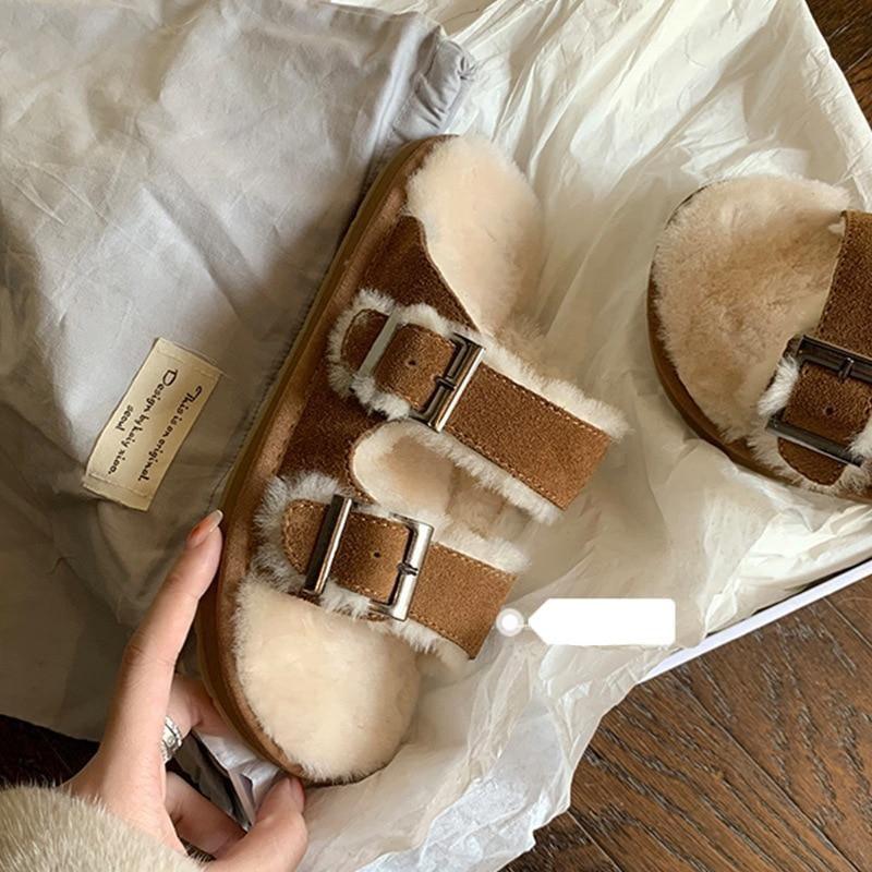 New Cotton Wool Shoes Double Buckle Belt Wool Shoes Indoor Outdoor Wear Warm Slippers Comfy Soft Women Slippers Fur Lined Orthopedic Indoor House Shoes With Adjustable Buckle