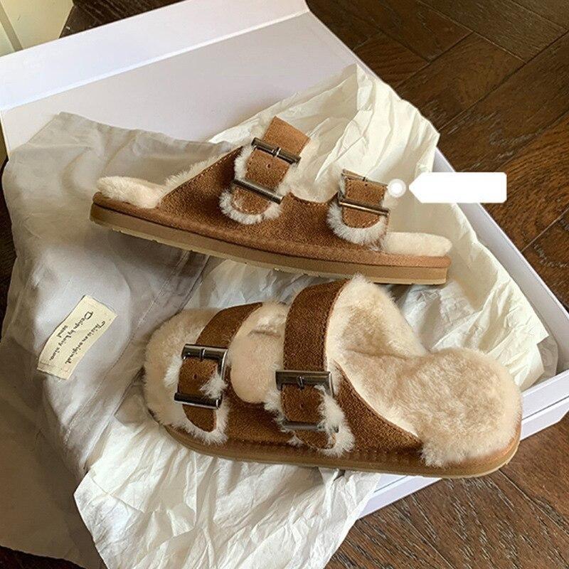 New Cotton Wool Shoes Double Buckle Belt Wool Shoes Indoor Outdoor Wear Warm Slippers Comfy Soft Women Slippers Fur Lined Orthopedic Indoor House Shoes With Adjustable Buckle