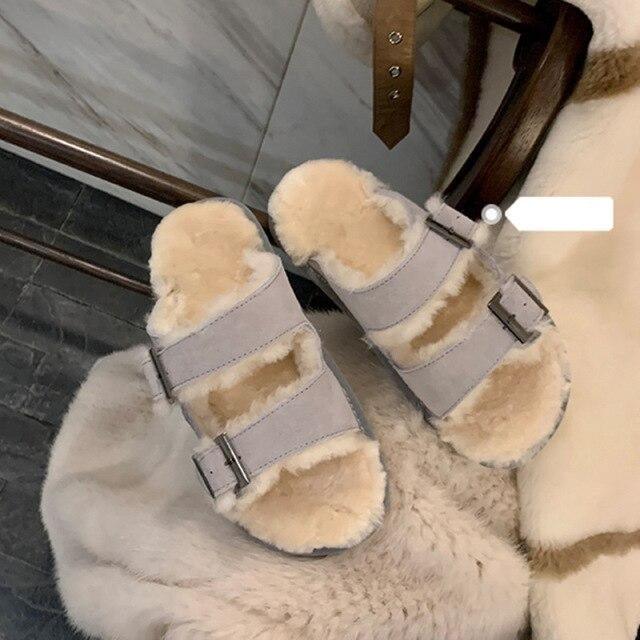 New Cotton Wool Shoes Double Buckle Belt Wool Shoes Indoor Outdoor Wear Warm Slippers Comfy Soft Women Slippers Fur Lined Orthopedic Indoor House Shoes With Adjustable Buckle