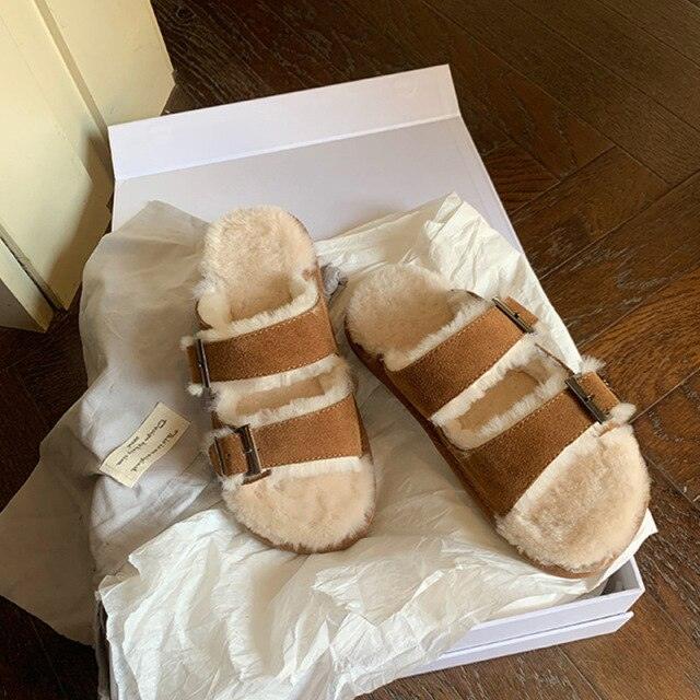 New Cotton Wool Shoes Double Buckle Belt Wool Shoes Indoor Outdoor Wear Warm Slippers Comfy Soft Women Slippers Fur Lined Orthopedic Indoor House Shoes With Adjustable Buckle