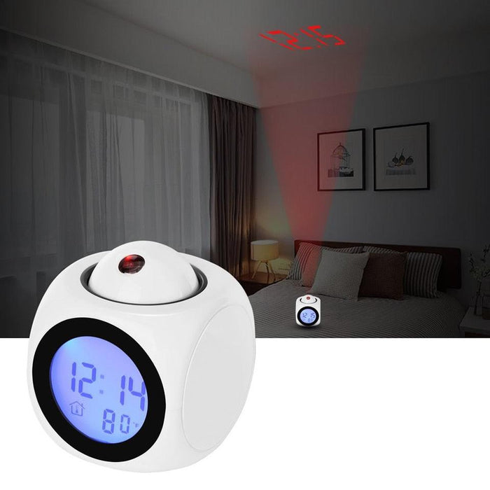 New Creative Attention Projection Digital Weather LCD Snooze Clock Projection Alarm Clock Wake Up Bedroom with Data and Temperature Display Talking Function LED Wall/Ceiling Projection Bell Alarm Display Backlight LED Projector Home Clock Timer