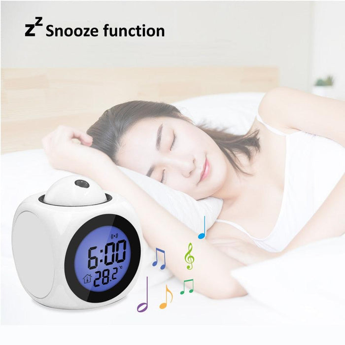 New Creative Attention Projection Digital Weather LCD Snooze Clock Projection Alarm Clock Wake Up Bedroom with Data and Temperature Display Talking Function LED Wall/Ceiling Projection Bell Alarm Display Backlight LED Projector Home Clock Timer