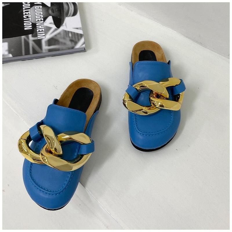 New Design Gold Chain Women Slipper Closed Toe Slip On Mules Shoes Round Toe Low Heels Casual Slides Flat Sandals Slip On Slide Sandals Elegant Heels Slides Slippers