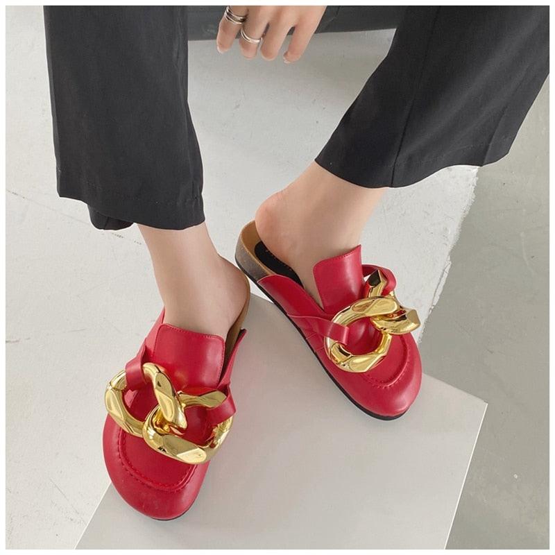 New Design Gold Chain Women Slipper Closed Toe Slip On Mules Shoes Round Toe Low Heels Casual Slides Flat Sandals Slip On Slide Sandals Elegant Heels Slides Slippers