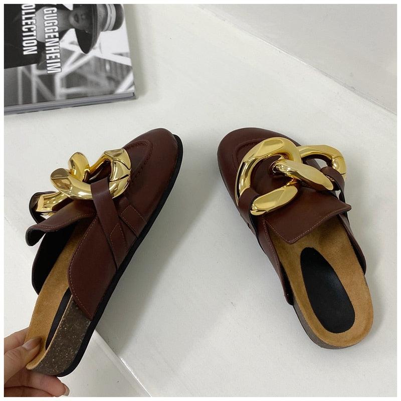 New Design Gold Chain Women Slipper Closed Toe Slip On Mules Shoes Round Toe Low Heels Casual Slides Flat Sandals Slip On Slide Sandals Elegant Heels Slides Slippers