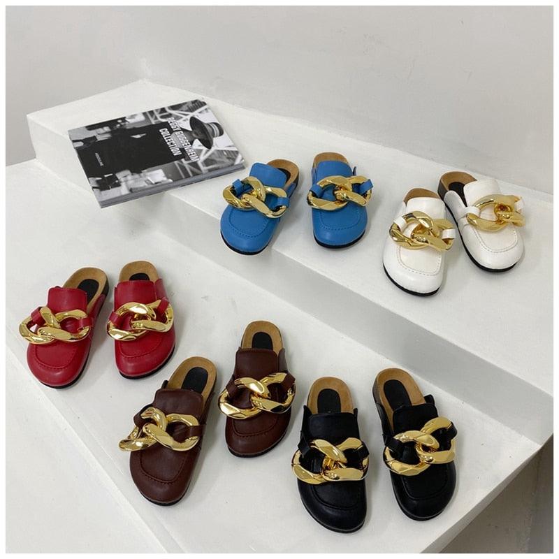 New Design Gold Chain Women Slipper Closed Toe Slip On Mules Shoes Round Toe Low Heels Casual Slides Flat Sandals Slip On Slide Sandals Elegant Heels Slides Slippers