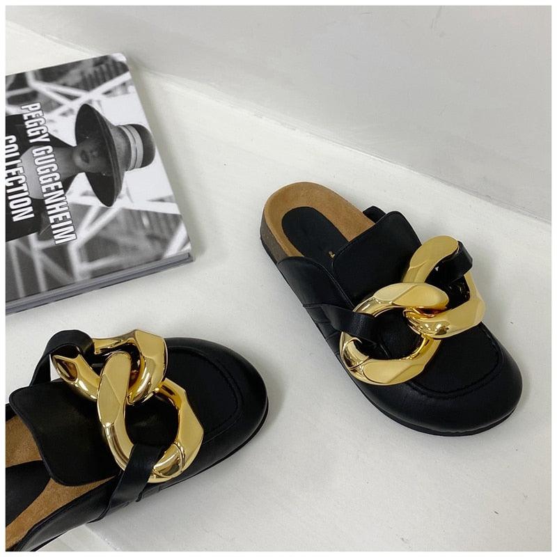 New Design Gold Chain Women Slipper Closed Toe Slip On Mules Shoes Round Toe Low Heels Casual Slides Flat Sandals Slip On Slide Sandals Elegant Heels Slides Slippers