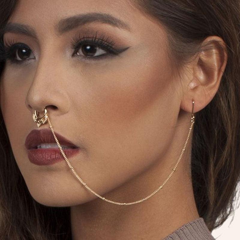 New Design Hollow Fake Nose Rings With Chain Fashion  Nose Ring Chain Nose Rings Rake Nose Ring Fake Septum Fake Nose RNG Nose to Ear Chain Jewelry Nose Hoop Ring Ear Chain Long Dangle Nose Earrings For Women Unique Body Jewelry