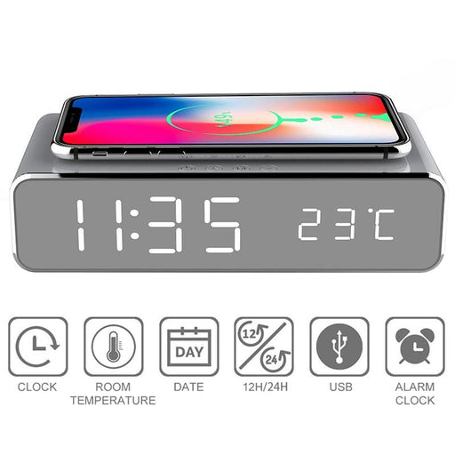 New Electric LED Alarm Clock With Mobile Phone Wireless Charger HD Clock Digital Alarm Clock with Wireless Charging 3 Alarms LED Display Sound Control and Snooze Dual for Bedroom Bedside Office Mirror With Time Memory Digital Thermometer Clock