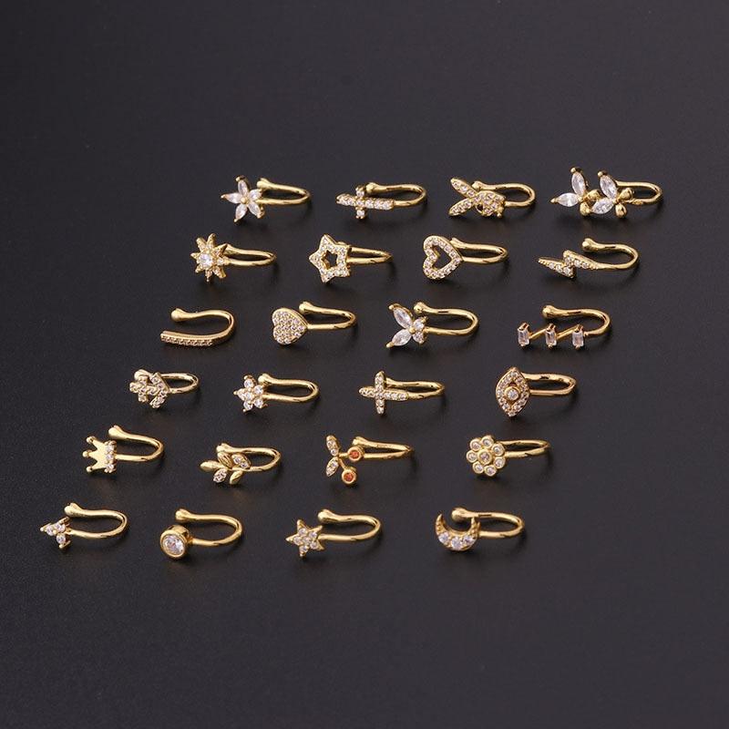 New Fake Piercing Clip Nose Ring Cuff Body Jewelry for Women Trend Ear Cuffs Heart Star Flowers Butterfly Nose Ring Charm Crystal Metal Fake Piercing Nose Cuff Clip Brand Design Bunny Nose Non Pierced Without Hole Nose Ring Clip On Nose Hoop Clip Rings