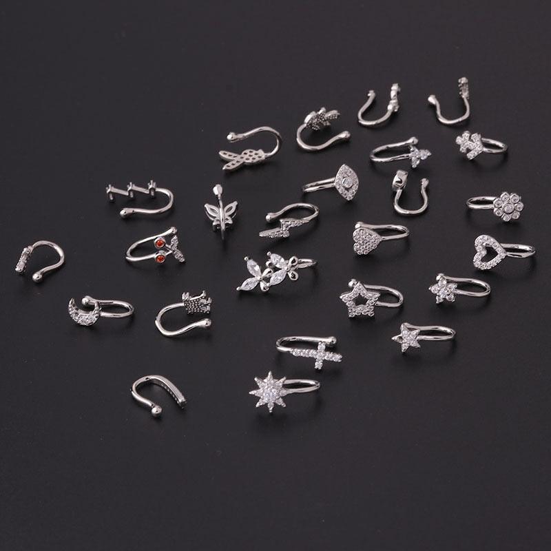 New Fake Piercing Clip Nose Ring Cuff Body Jewelry for Women Trend Ear Cuffs Heart Star Flowers Butterfly Nose Ring Charm Crystal Metal Fake Piercing Nose Cuff Clip Brand Design Bunny Nose Non Pierced Without Hole Nose Ring Clip On Nose Hoop Clip Rings