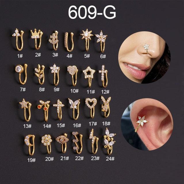 New Fake Piercing Clip Nose Ring Cuff Body Jewelry for Women Trend Ear Cuffs Heart Star Flowers Butterfly Nose Ring Charm Crystal Metal Fake Piercing Nose Cuff Clip Brand Design Bunny Nose Non Pierced Without Hole Nose Ring Clip On Nose Hoop Clip Rings