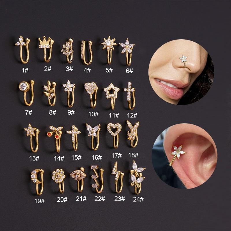 New Fake Piercing Clip Nose Ring Cuff Body Jewelry for Women Trend Ear Cuffs Heart Star Flowers Butterfly Nose Ring Charm Crystal Metal Fake Piercing Nose Cuff Clip Brand Design Bunny Nose Non Pierced Without Hole Nose Ring Clip On Nose Hoop Clip Rings