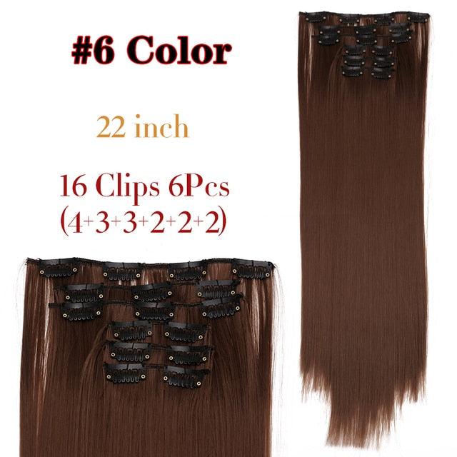 New Fashion 16 Clip In Hair Extension Long Straight Natural Black 6 Pcs/Set 16 Clips 22 Inch Synthetic Hair Piece Wigs For Black Women Cosplay Wigs For Women