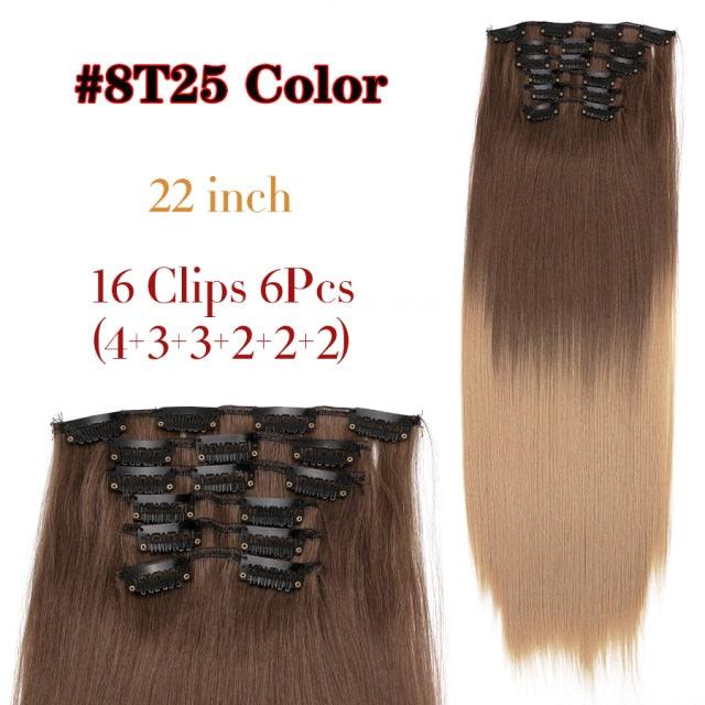 New Fashion 16 Clip In Hair Extension Long Straight Natural Black 6 Pcs/Set 16 Clips 22 Inch Synthetic Hair Piece Wigs For Black Women Cosplay Wigs For Women