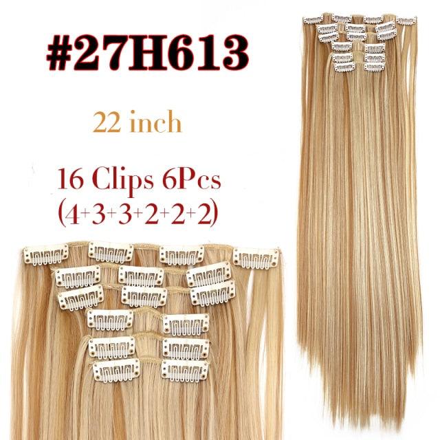 New Fashion 16 Clip In Hair Extension Long Straight Natural Black 6 Pcs/Set 16 Clips 22 Inch Synthetic Hair Piece Wigs For Black Women Cosplay Wigs For Women