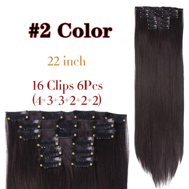 New Fashion 16 Clip In Hair Extension Long Straight Natural Black 6 Pcs/Set 16 Clips 22 Inch Synthetic Hair Piece Wigs For Black Women Cosplay Wigs For Women