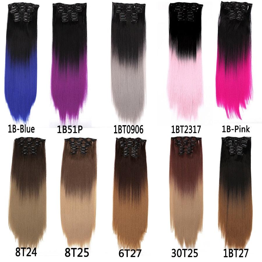 New Fashion 16 Clip In Hair Extension Long Straight Natural Black 6 Pcs/Set 16 Clips 22 Inch Synthetic Hair Piece Wigs For Black Women Cosplay Wigs For Women