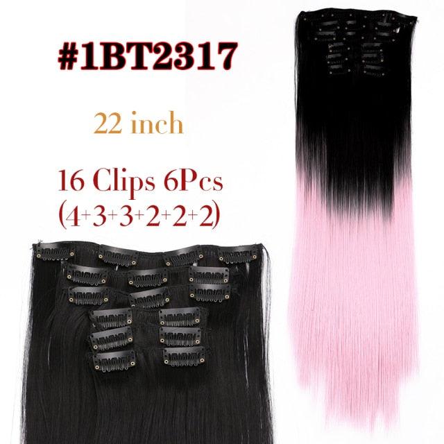 New Fashion 16 Clip In Hair Extension Long Straight Natural Black 6 Pcs/Set 16 Clips 22 Inch Synthetic Hair Piece Wigs For Black Women Cosplay Wigs For Women