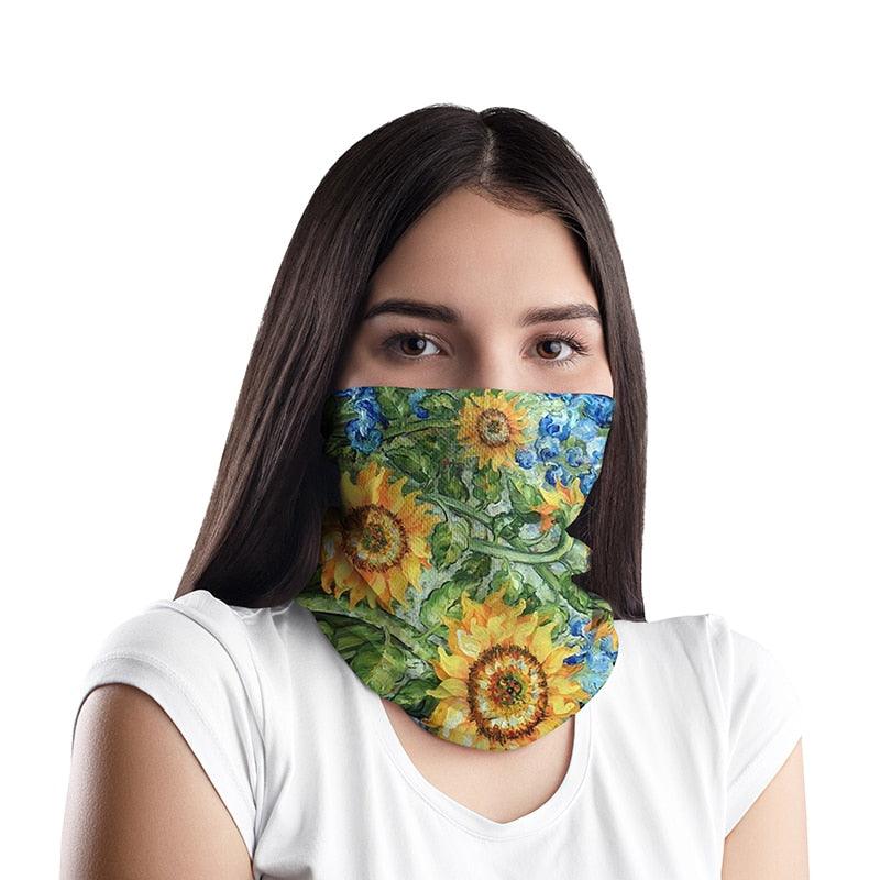 New Fashion 3D Printed Oil Painting Art Neck Scarf Women Soft Face Bandana Sunflower Night Hijab Scarf Face Mask Reusable Washable Cloth Bandanas Women Men Neck Gaiter Cover Turban Multipurpose Balaclava Elastic UV Face Shields for Women