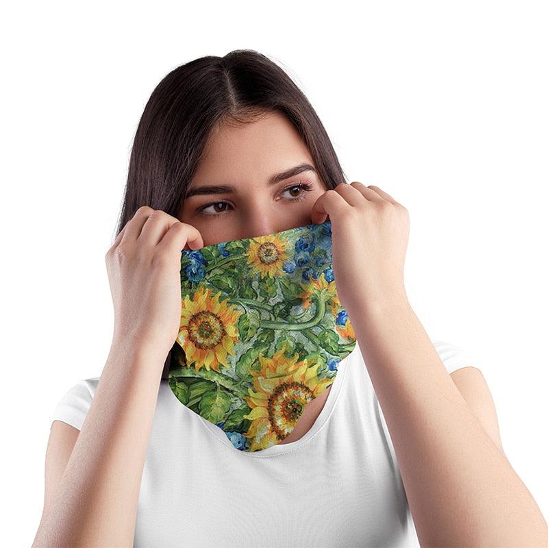 New Fashion 3D Printed Oil Painting Art Neck Scarf Women Soft Face Bandana Sunflower Night Hijab Scarf Face Mask Reusable Washable Cloth Bandanas Women Men Neck Gaiter Cover Turban Multipurpose Balaclava Elastic UV Face Shields for Women