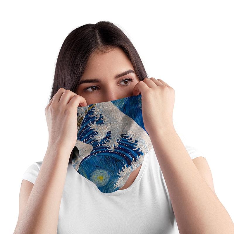 New Fashion 3D Printed Oil Painting Art Neck Scarf Women Soft Face Bandana Sunflower Night Hijab Scarf Face Mask Reusable Washable Cloth Bandanas Women Men Neck Gaiter Cover Turban Multipurpose Balaclava Elastic UV Face Shields for Women