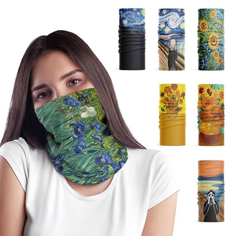 New Fashion 3D Printed Oil Painting Art Neck Scarf Women Soft Face Bandana Sunflower Night Hijab Scarf Face Mask Reusable Washable Cloth Bandanas Women Men Neck Gaiter Cover Turban Multipurpose Balaclava Elastic UV Face Shields for Women