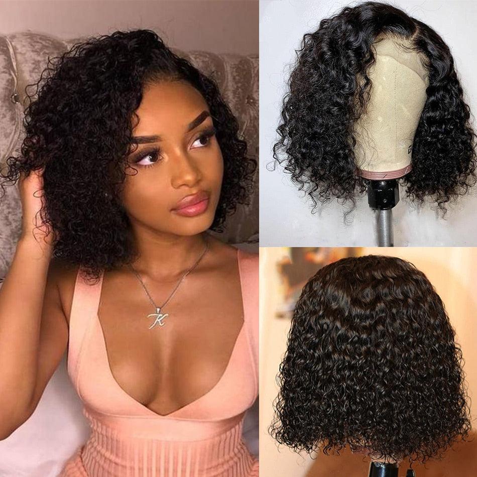 New Fashion Brazilian Curly Bob Wig Human Hair Lace Wigs For Women Short Side Part Curly Human Hair Wig Lace Wigs For Black Women Gifts for Girlfriends