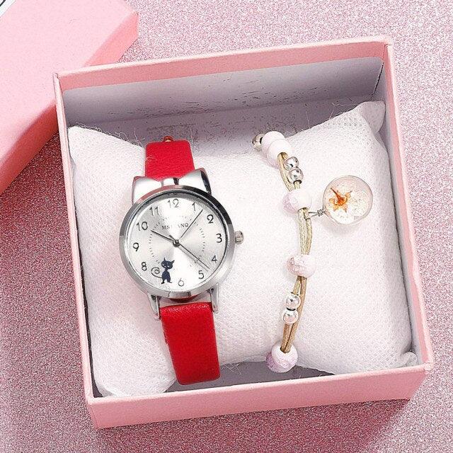 New Fashion Childrens Watch Analog Children Quartz Watch With Bracelet Set Little Cat Watch Kids Children Quartz Electronic Watch Unisex Wrist Leather Strap Watches