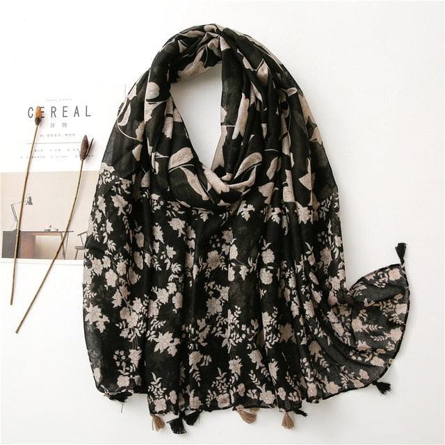 New Fashion Lady High Quality Soft Polka Floral Elegant Fringe Viscose Shawl Scarf Lightweight Wrap Headband Muslim Hijab For Women 180*90Cm