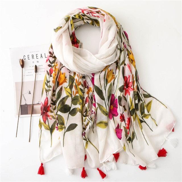 New Fashion Lady High Quality Soft Polka Floral Elegant Fringe Viscose Shawl Scarf Lightweight Wrap Headband Muslim Hijab For Women 180*90Cm