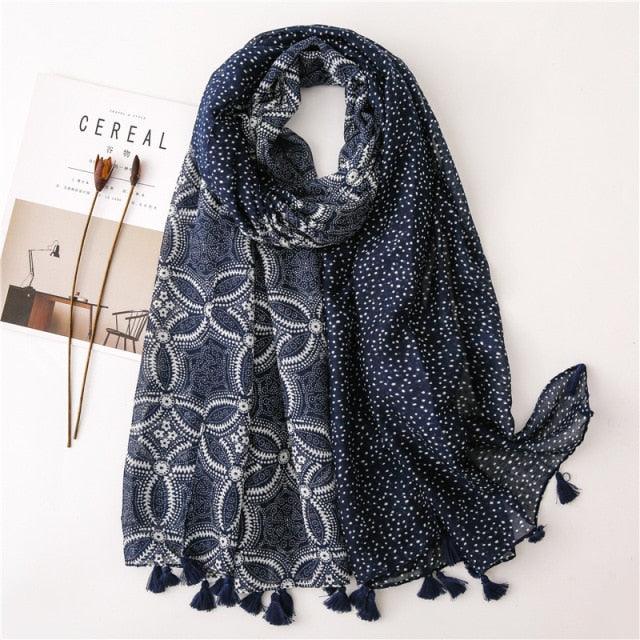 New Fashion Lady High Quality Soft Polka Floral Elegant Fringe Viscose Shawl Scarf Lightweight Wrap Headband Muslim Hijab For Women 180*90Cm